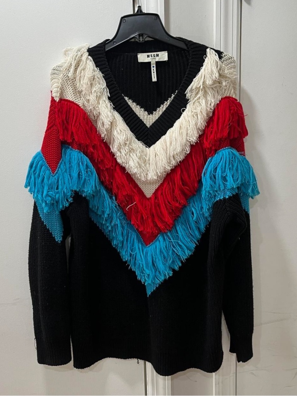 MSGM Black V-Neck Sweater with White, Red & Bright Blue Fringe